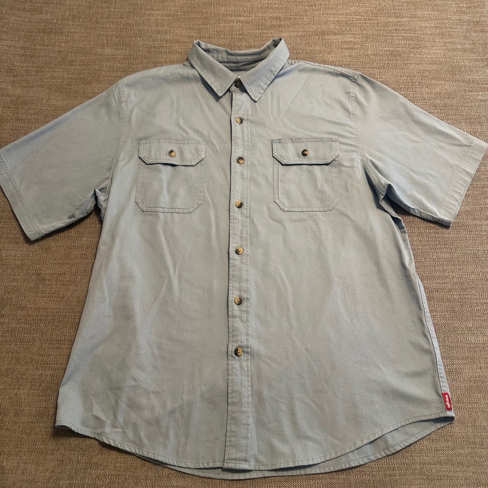Wrangler Button Down Shirt Mens Large Light Blue short  Sleeve Workwear